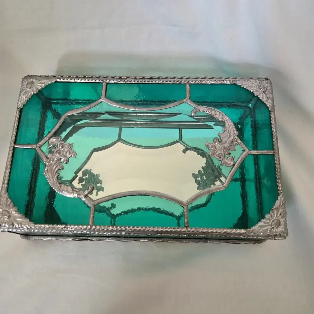 Teal Green Stained Glass Mirrored Jewelry Box Trinket Box Beveled and Waterglass